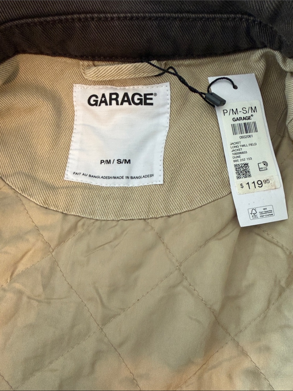 NWT Garage Khaki Jacket with Dark Brown Collar - S/M - Picture 4 of 6
